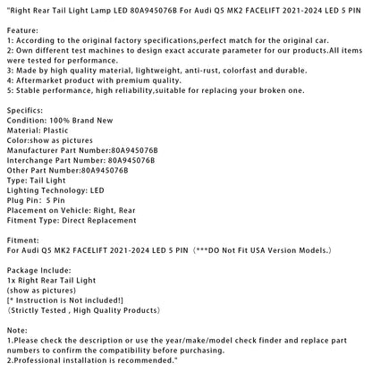 Fanale posteriore destro a LED per Audi Q5 MK2 FACELIFT 2021-2024 LED 5 PIN
