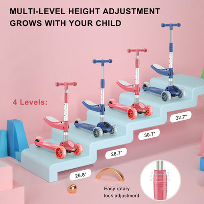 2-in-1 bambini scooter pieghevole seduta luce 3 ruote regolabile pieghevole barra blu/rosa