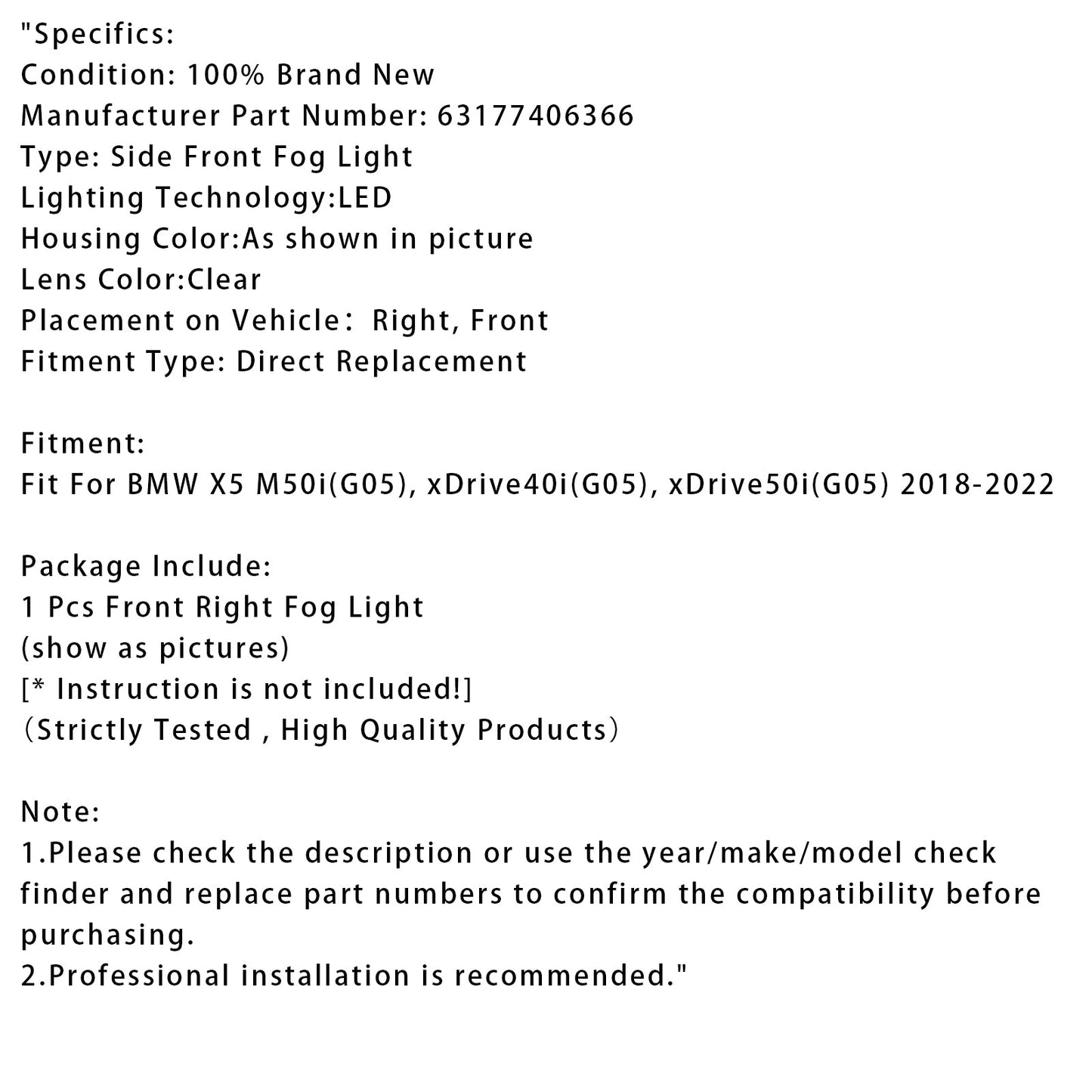 BMW X5 G05 2018-2022 1 pezzo Fendinebbia anteriore destro a LED 63177406366