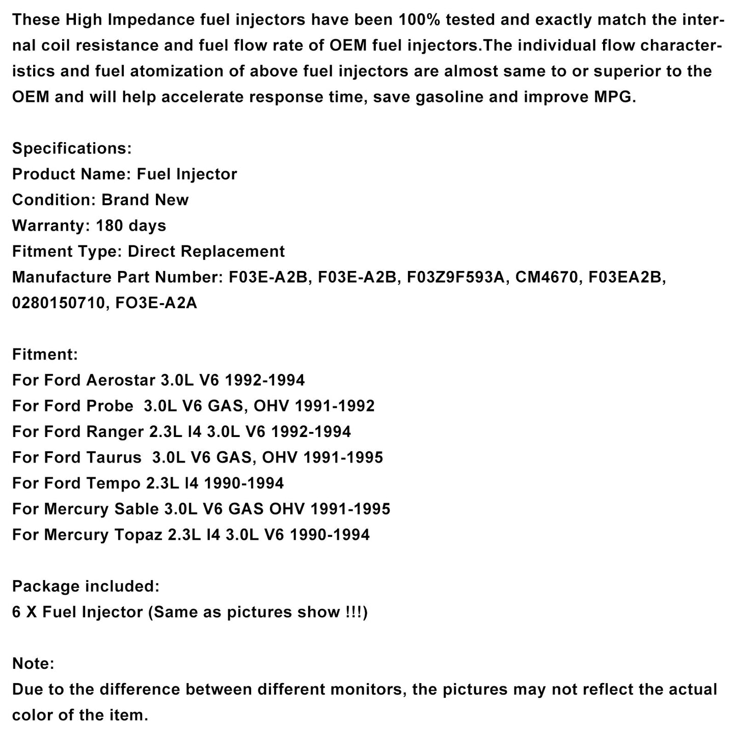 6 pezzi Iniettore carburante CM4670 adatto per Ford Ranger 2.9L 3.0L 3.8L V6 1985-1997 F03E-A2B