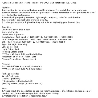 Lampada fanale posteriore sinistro VW GOLF MK4 Hatchback 1997-2005 1J6945111Q