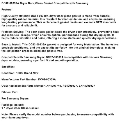 Guarnizione in vetro per porta asciugatrice DC62-00339A compatibile con Samsung