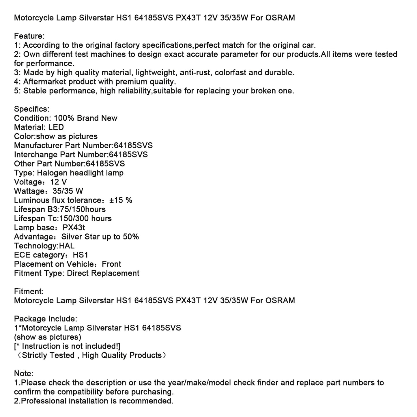 Lampada Moto Silverstar HS1 64185SVS PX43T 12V 35/35W Per OSRAM