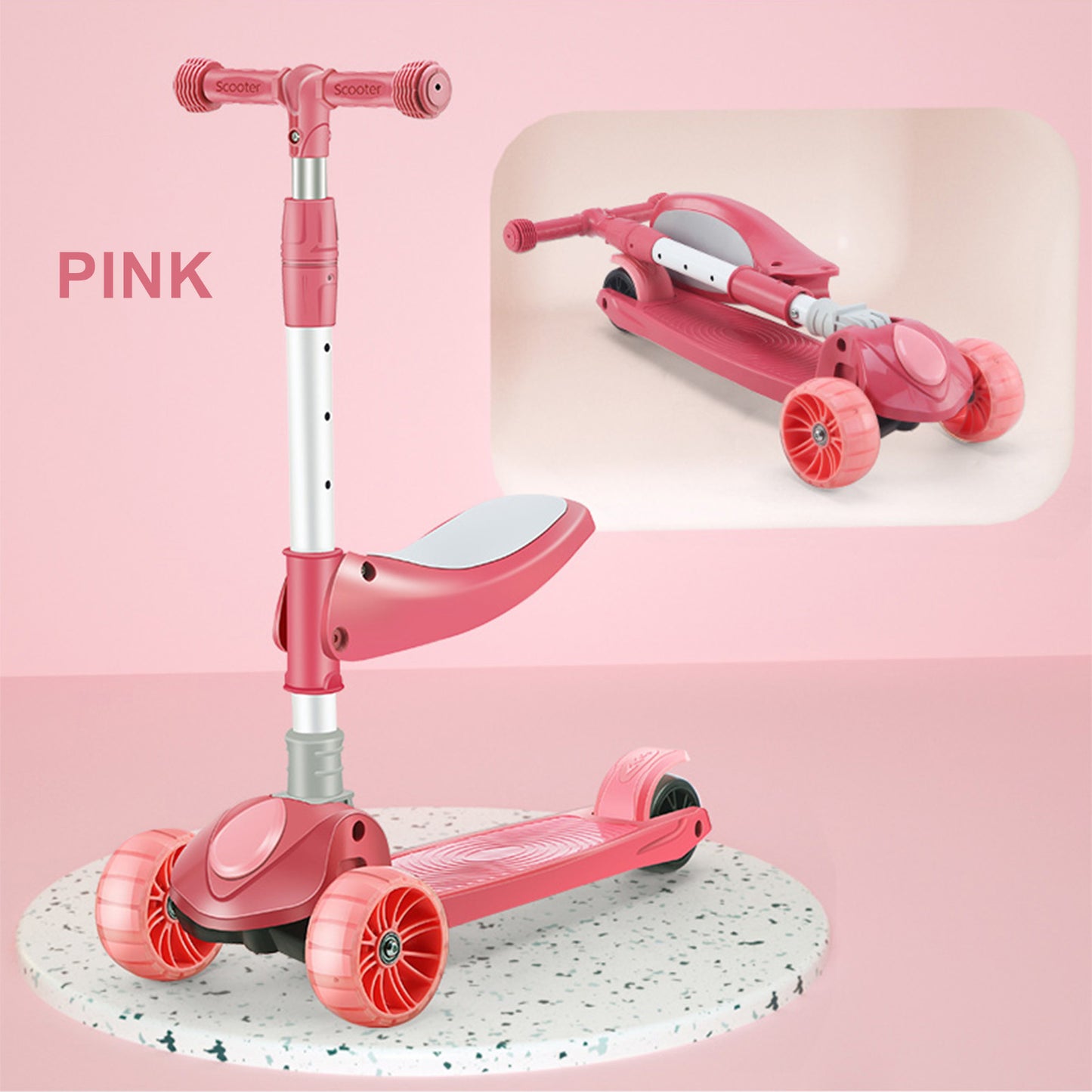 2-in-1 bambini scooter pieghevole seduta luce 3 ruote regolabile pieghevole barra blu/rosa