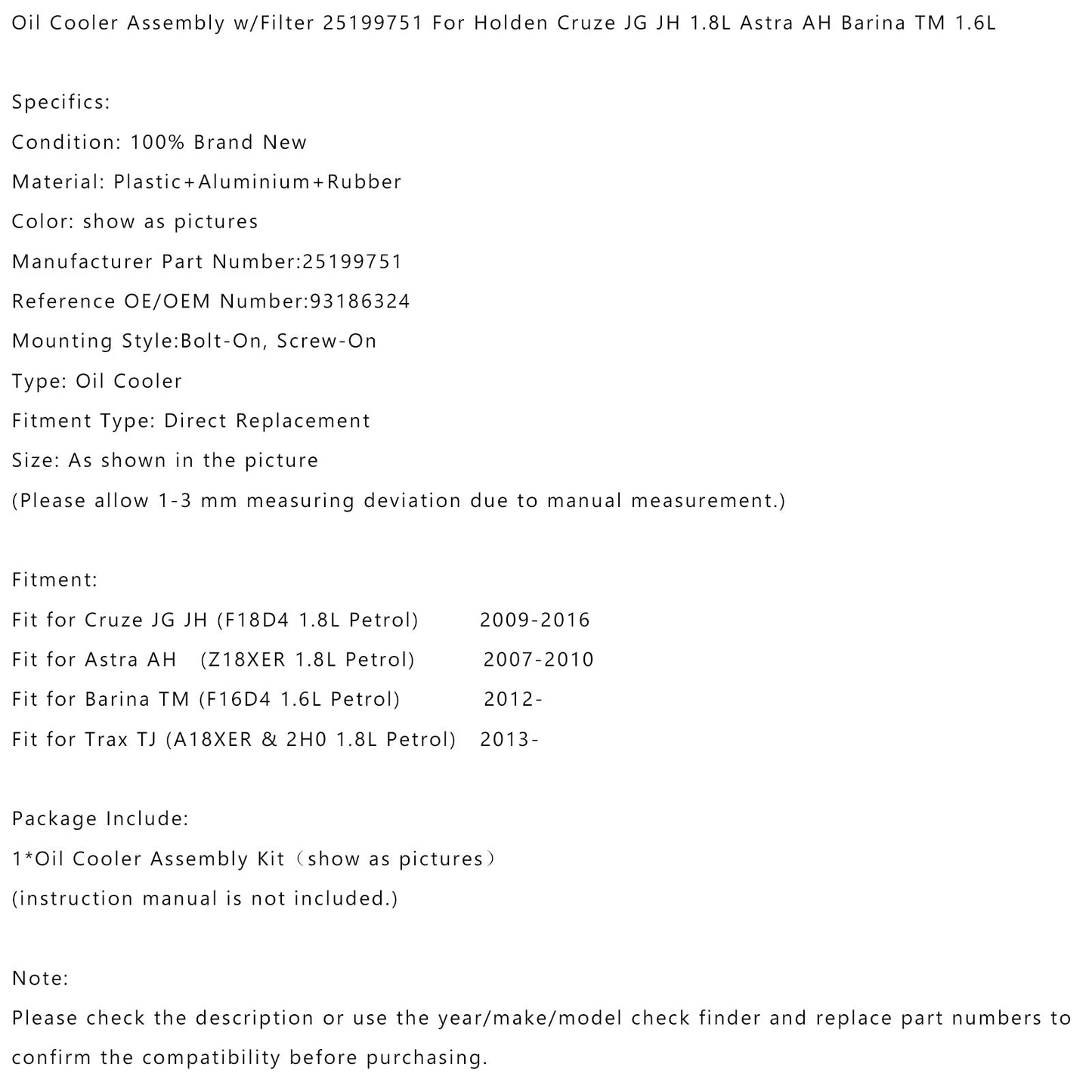 Gruppo radiatore olio con filtro Trax TJ 2013- (A18XER e 2H0 1.8L benzina) 25199751 93186324