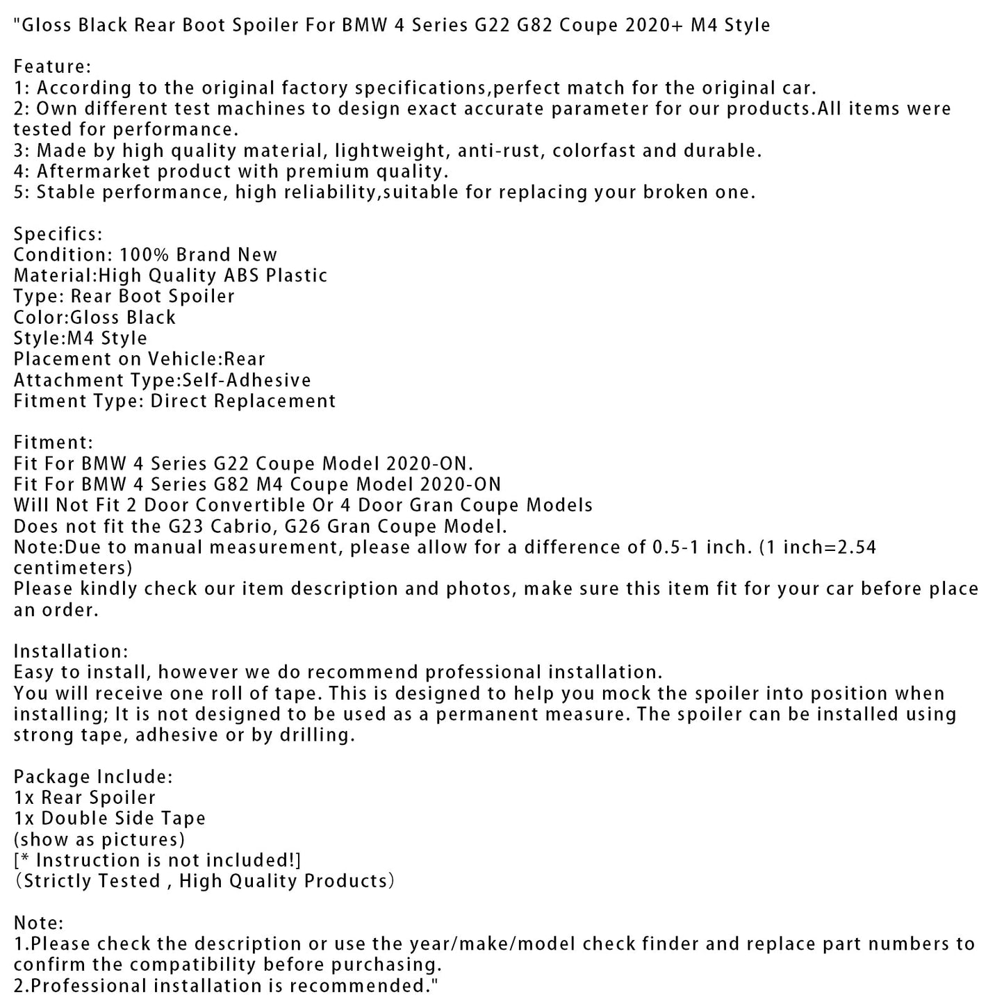 Spoiler posteriore nero lucido per BMW Serie 4 G82 M4 Coupé dal 2020 in poi