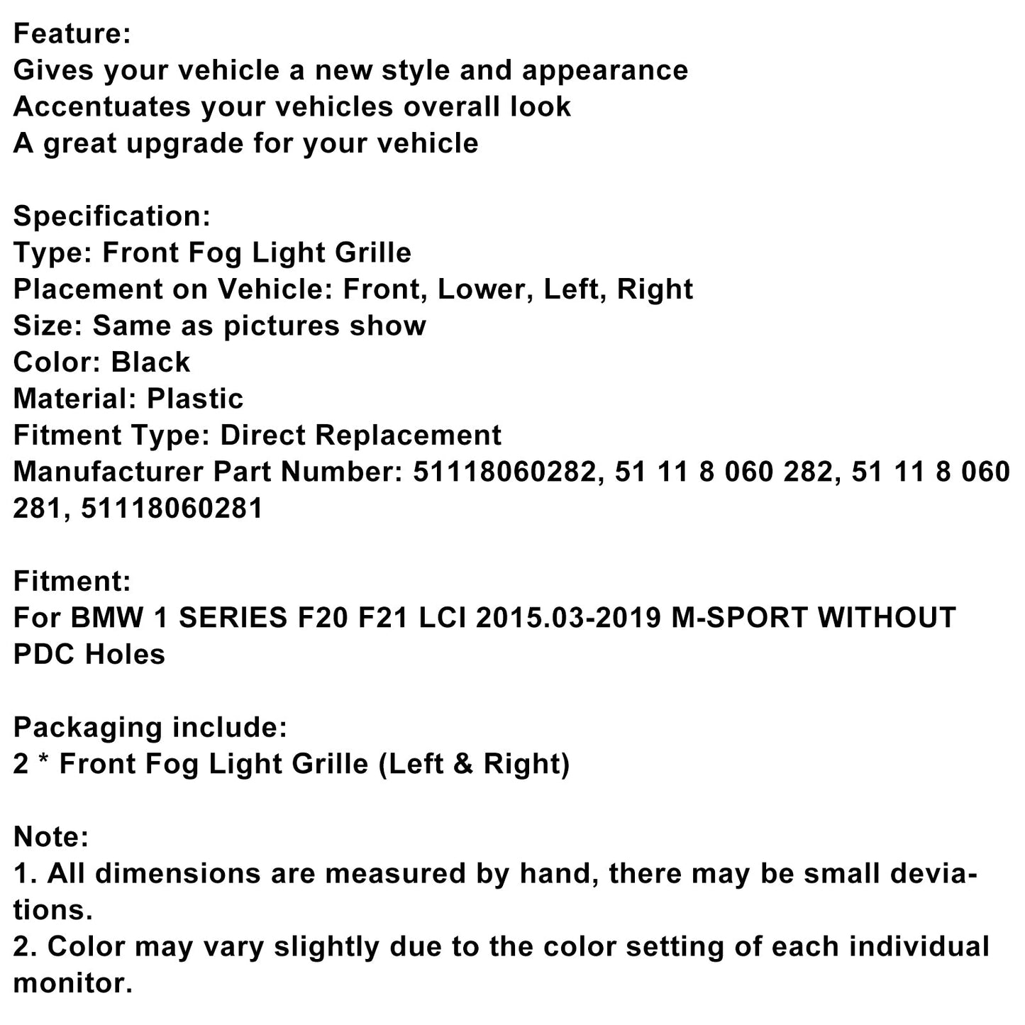 Griglia di copertura fendinebbia M-Sport 2 pezzi per BMW Serie 1 F20 F21 LCI 2015-2019