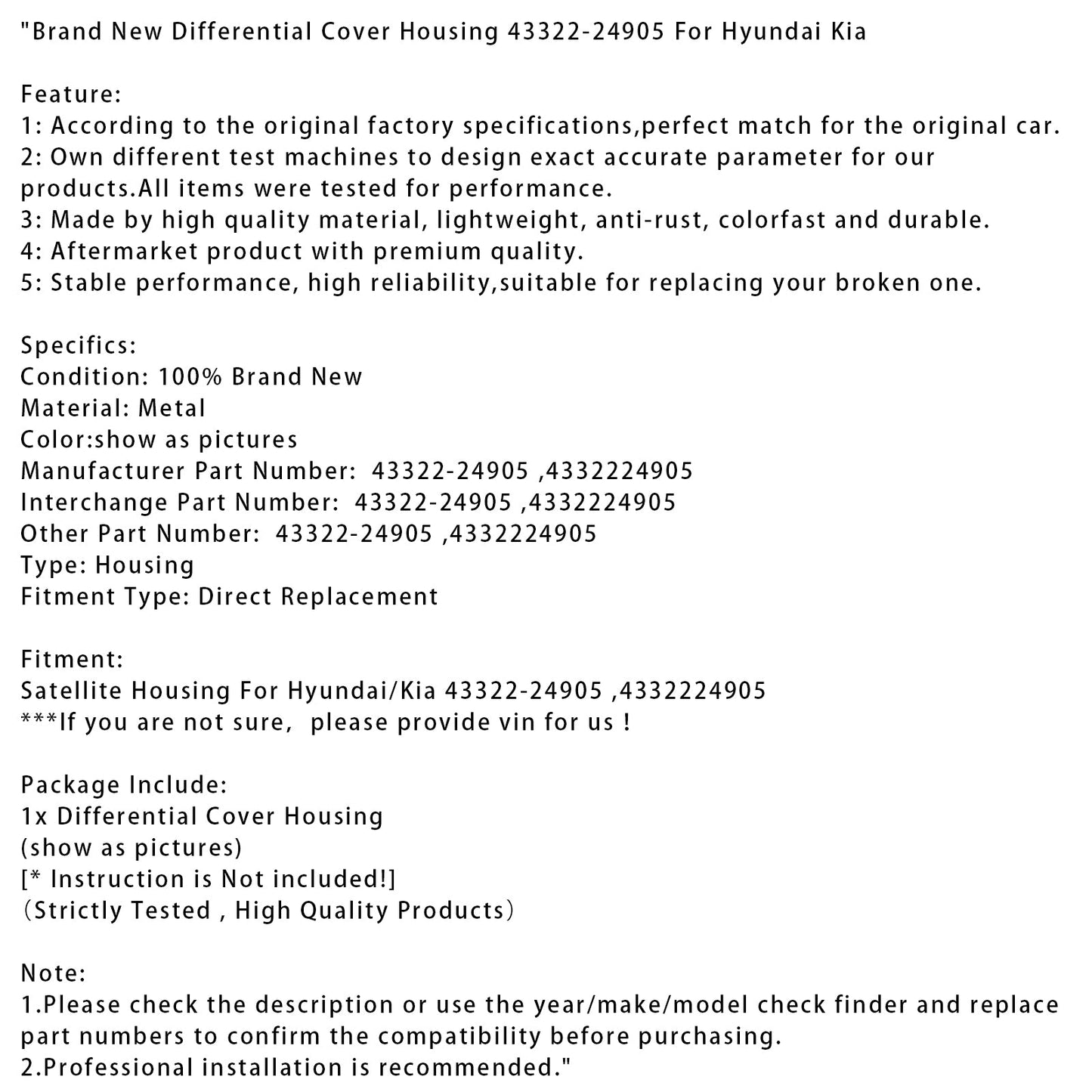 Nuovo di zecca, alloggiamento della copertura del differenziale 43322-24905 per Hyundai Kia