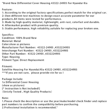 Nuovo di zecca, alloggiamento della copertura del differenziale 43322-24905 per Hyundai Kia