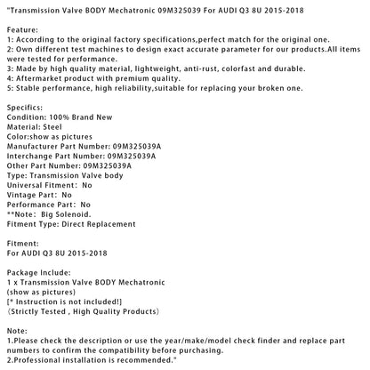 AUDI Q3 8U 2015-2018 Corpo valvola trasmissione Meccatronica 09M325039