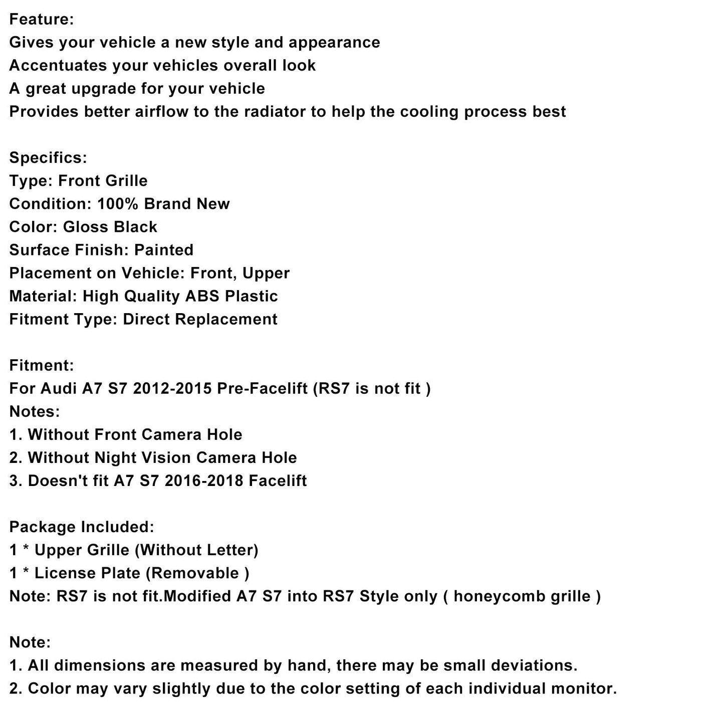 Griglia anteriore a nido d'ape Audi A7/S7 RS7 Style 2012-2015, nera