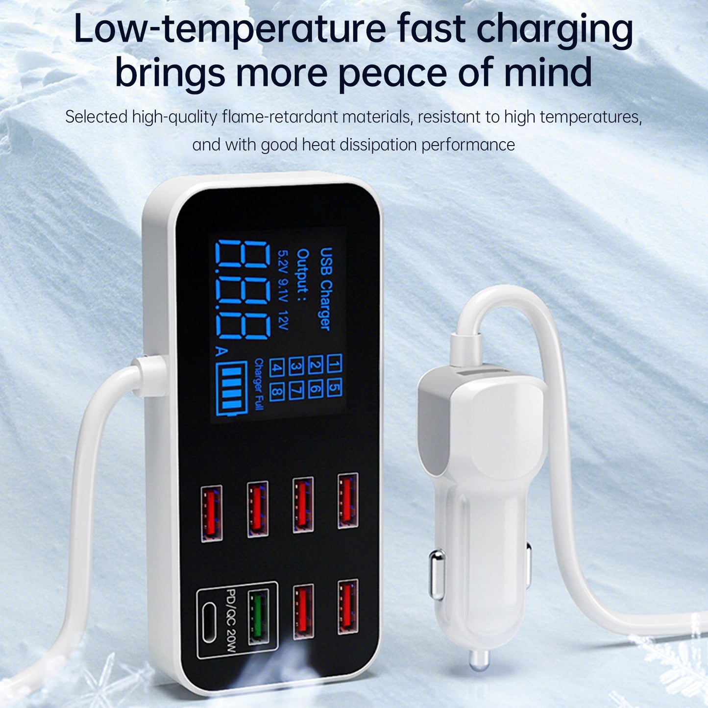 Caricabatterie USB PD5V1A QC3.0 con display, piccolo caricabatteria per auto a 8 porte, accendisigari