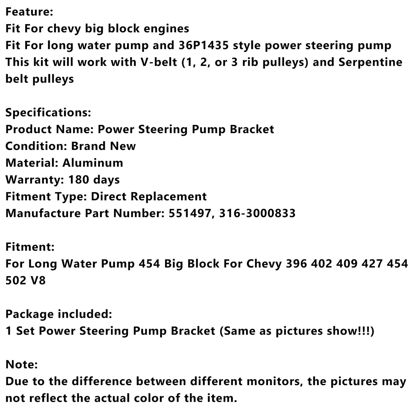 Supporto pompa servosterzo 551497 adatto per pompa acqua lunga adatta per Chevy Big Block V8