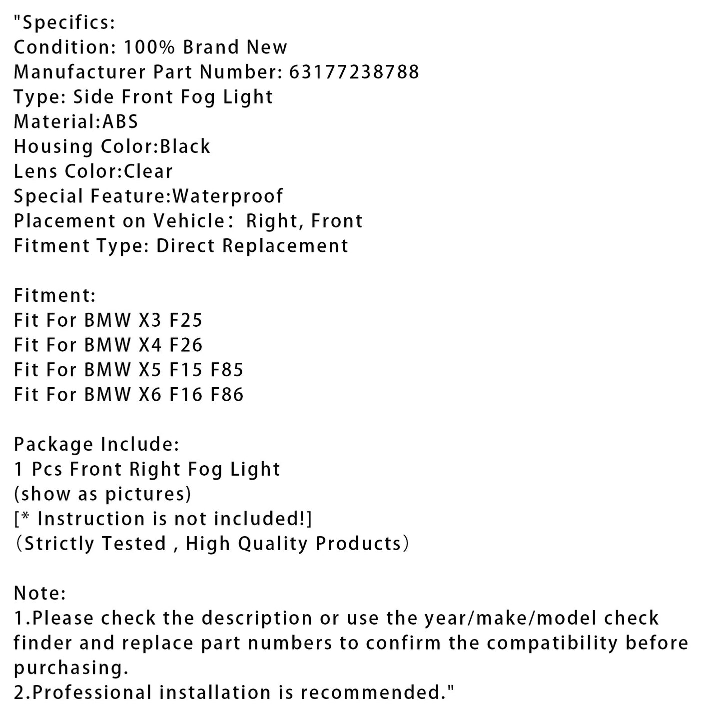 1 pz. Fari fendinebbia anteriori destri senza lampadine per BMW X3 X4 X5 X6 63177238788