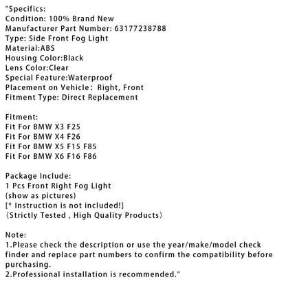 1 pz. Fari fendinebbia anteriori destri senza lampadine per BMW X3 X4 X5 X6 63177238788