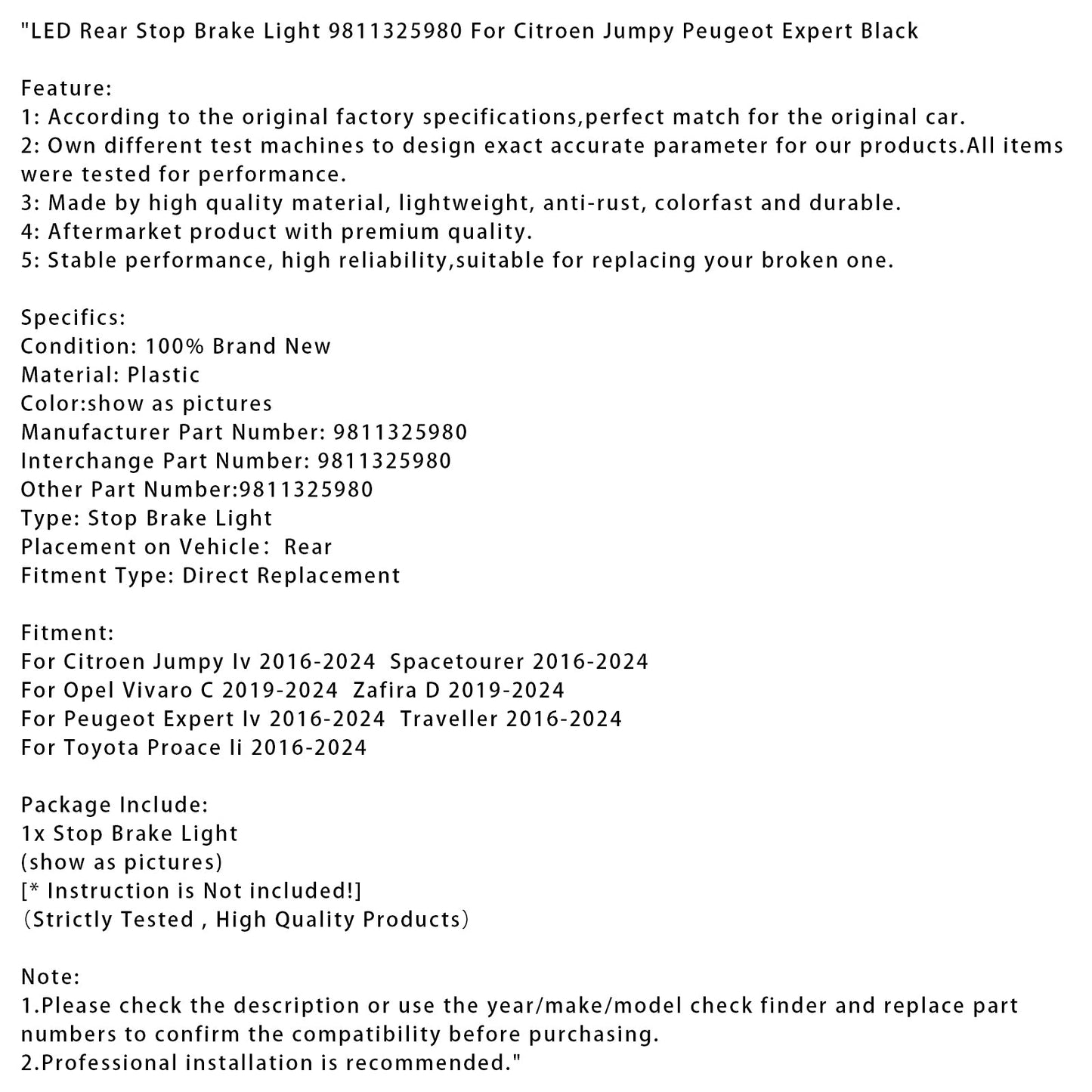 Luce di stop posteriore a LED 9811325980 per Citroen Jumpy Peugeot Expert nera