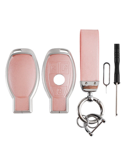 Custodia in pelle, lega, alluminio e TPU rosa per chiave auto Mercedes GLC GLK CLS