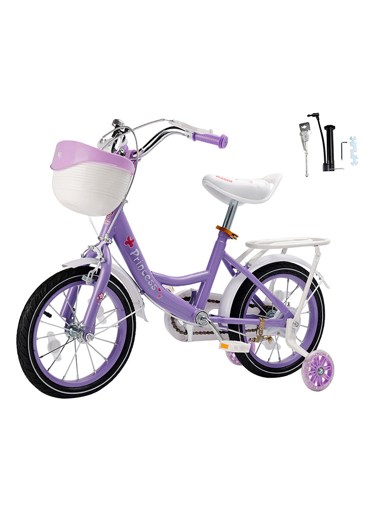 Bicicletta da principessa per bambini da 18" per ragazze, con ruote da allenamento rimovibili, rosa/viola