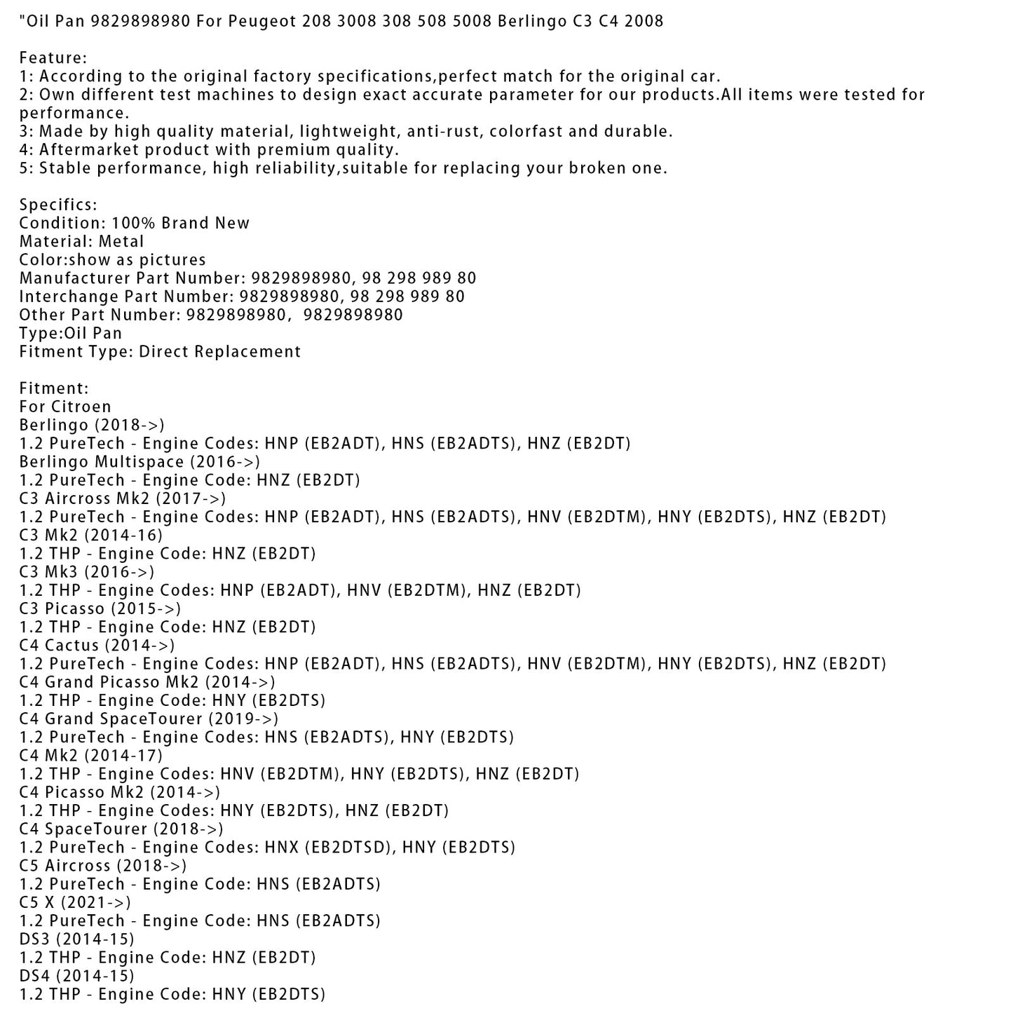 2019+ Peugeot 2008 Mk2 1.2 PureTech Coppa dell'olio 9829898980 9829898980