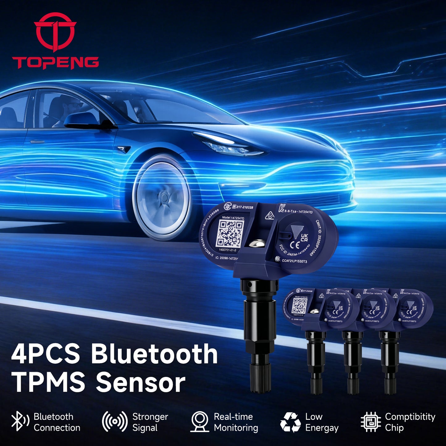 Sensore di pressione pneumatici TPMS Bluetooth 4 pezzi per Tesla Model 3 / S / X / Y 2021-2024
