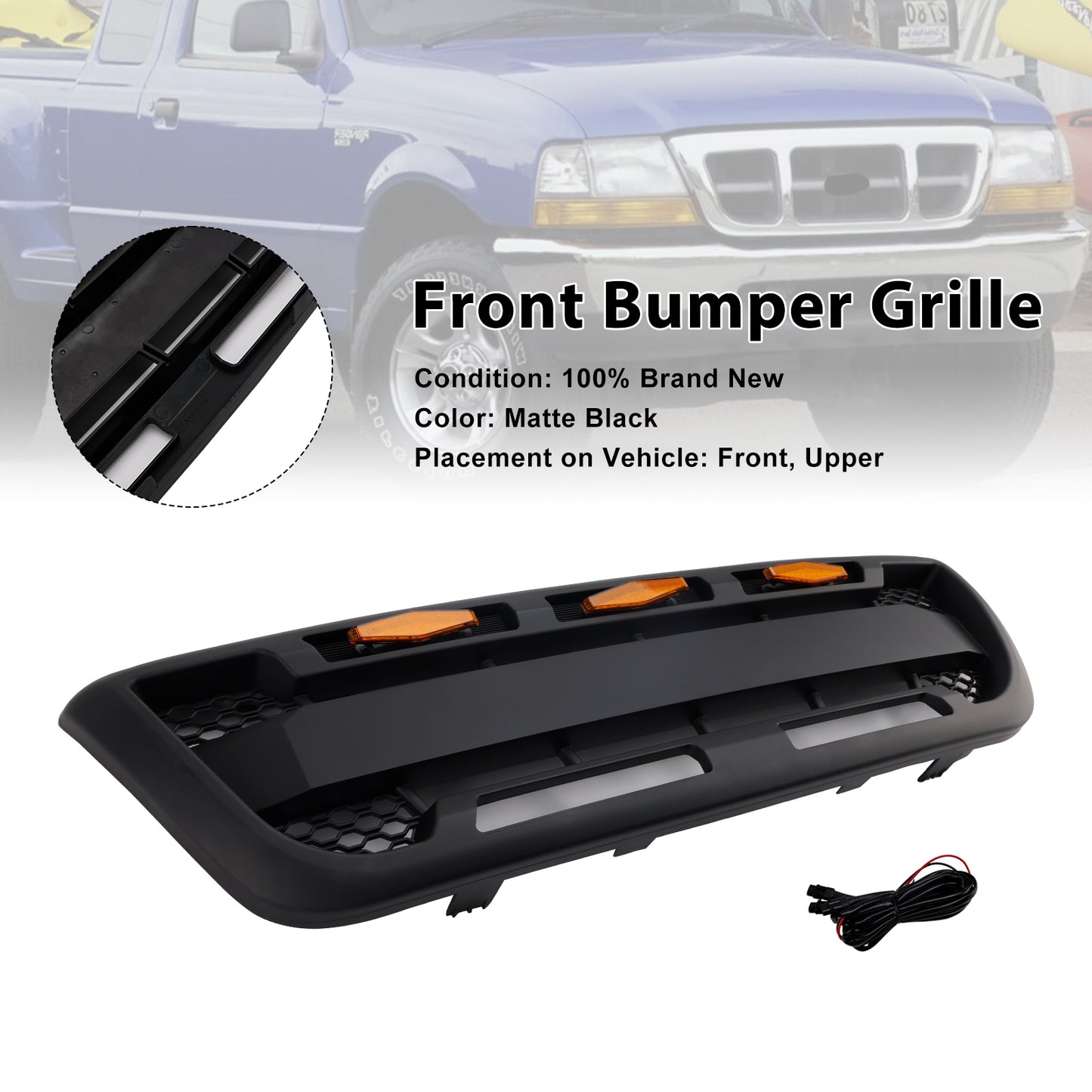 Griglia paraurti anteriore nera opaca Ford Ranger 1998-2000 con luce a LED