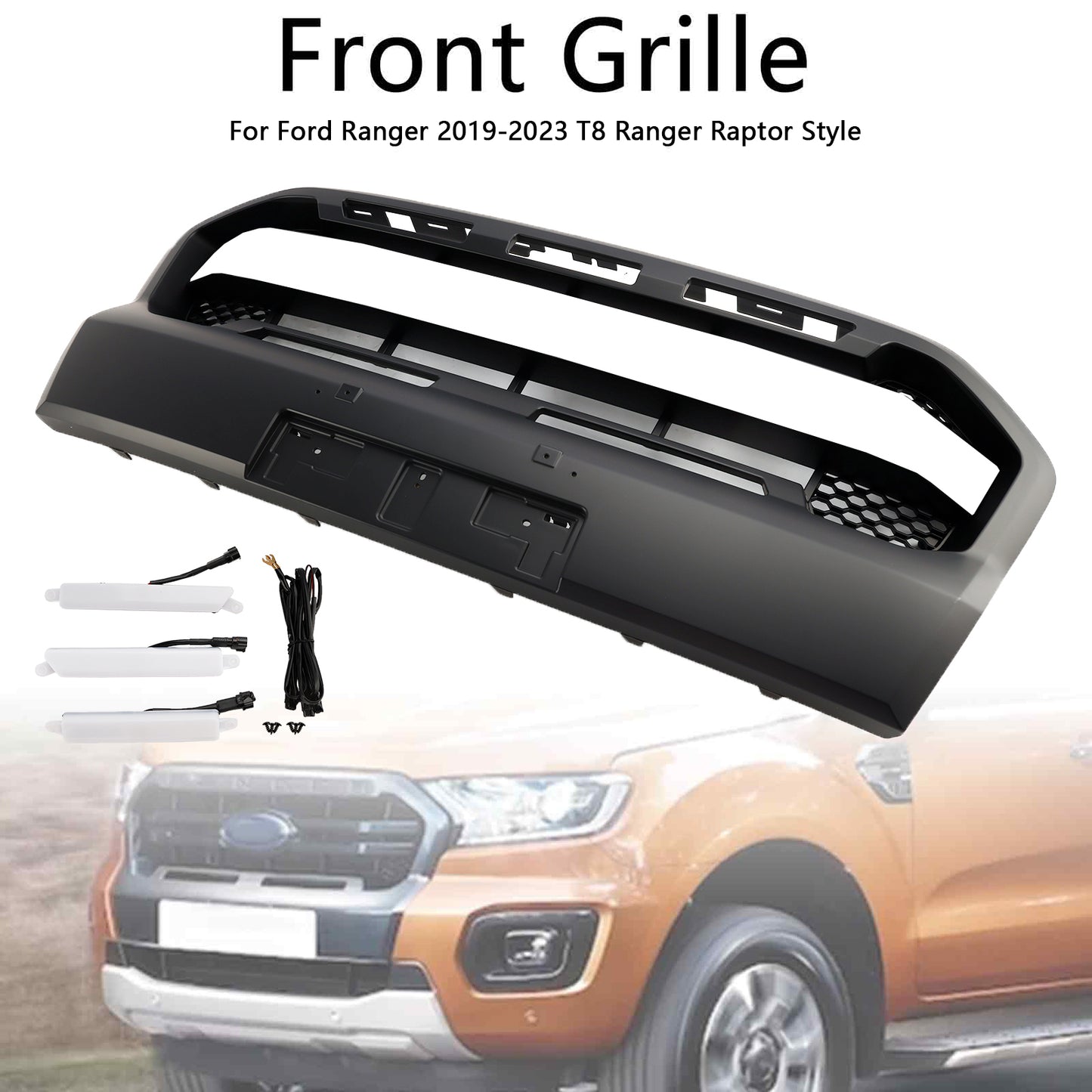 Grill per paraurti anteriore in stile Raptor per Ford Ranger 2019-2023 T8 W/LED