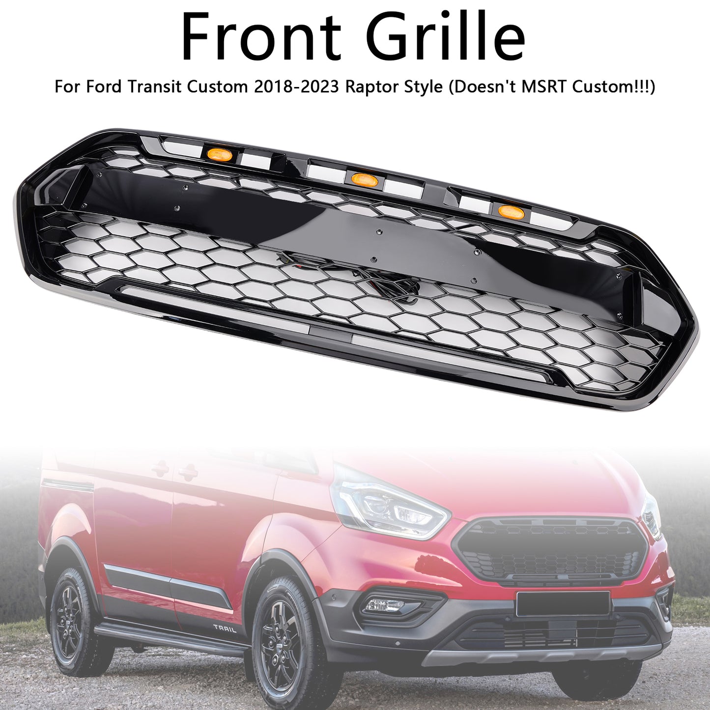 Griglia del paraurti anteriore nero lucido per Ford Transit personalizzato Trail 2018-2023 con 3LED