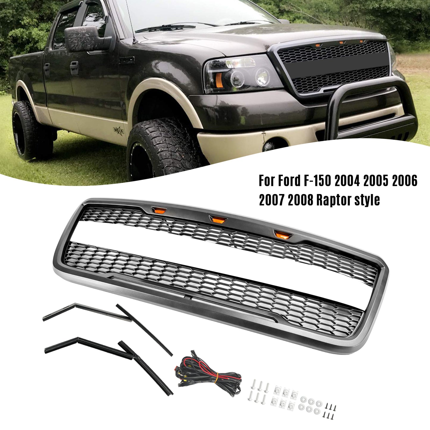 Per Ford F-150 2004 2005 2006 2007 2008 Style Raptor Griglia del cofano anteriore in rete sostitutiva con LED