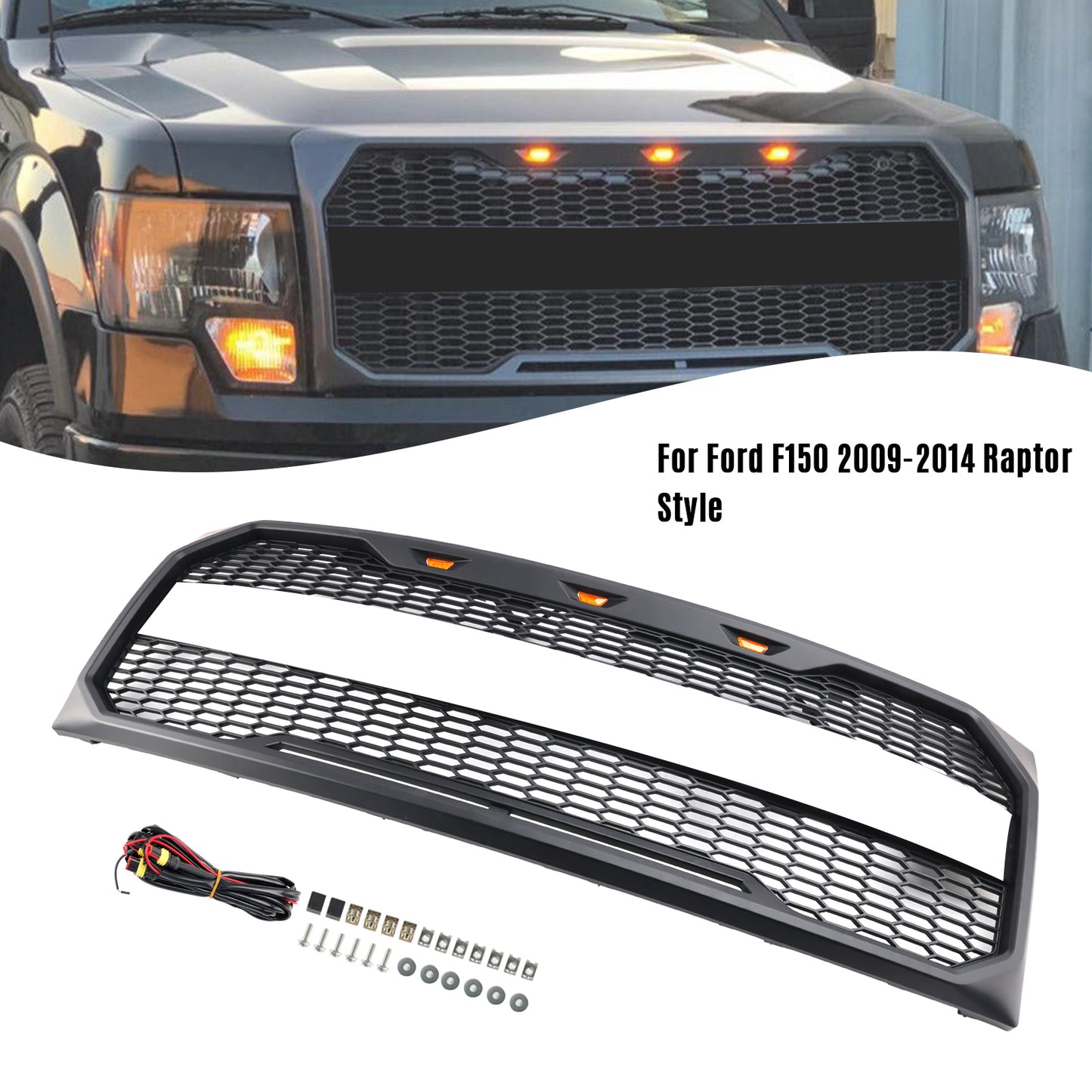 Grill per paraurti anteriore in stile Raptor con LED per Ford F150 2009-2014 Nero