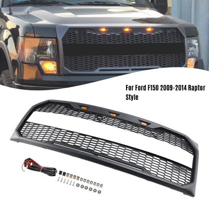 Grill per paraurti anteriore in stile Raptor con LED per Ford F150 2009-2014 Nero