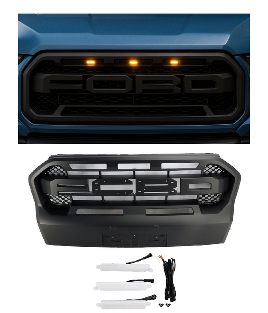 2019-2023 Ford Ranger T8 Ranger Grilla per paraurti anteriore in stile Raptor Nero W/LED