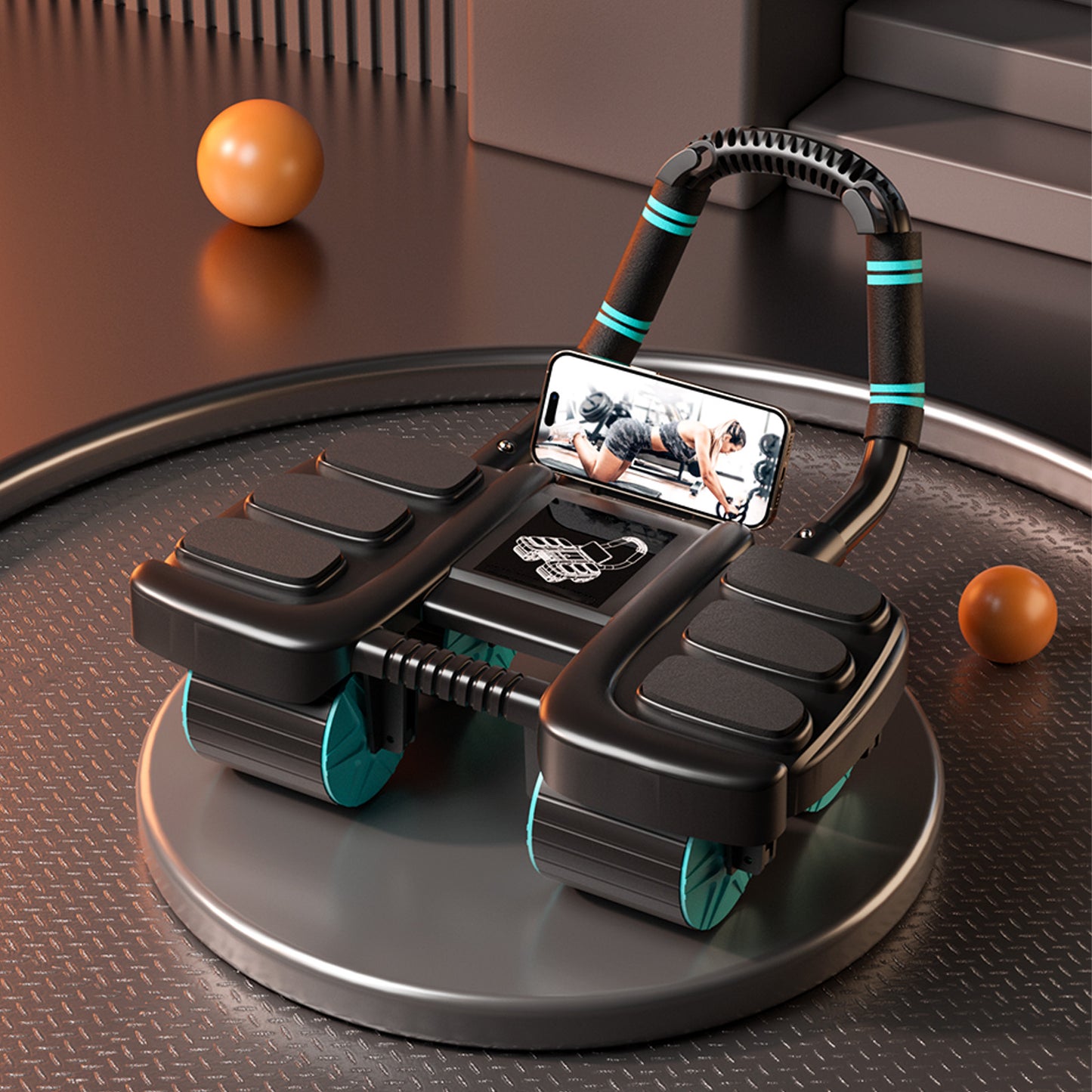 Attrezzatura portatile per palestra domestica Ruota addominale nera con rimbalzo automatico con supporto per gomito e stabilità su 4 ruote - Include timer Perfect Core Trainer per uomini e donne