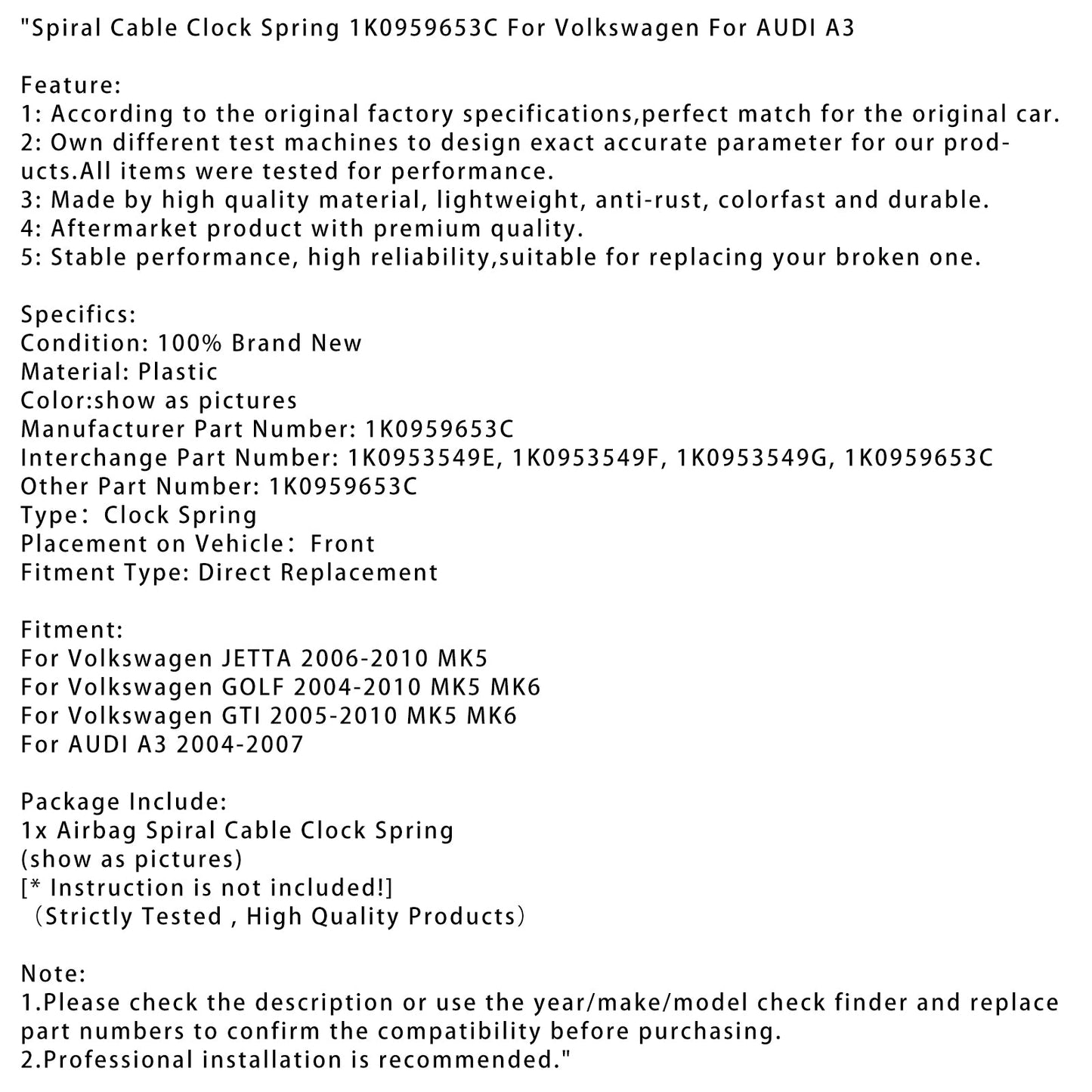 Molla per orologio con cavo a spirale 1K0959653C per Volkswagen per AUDI A3