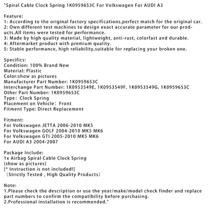 Molla per orologio con cavo a spirale 1K0959653C per Volkswagen per AUDI A3