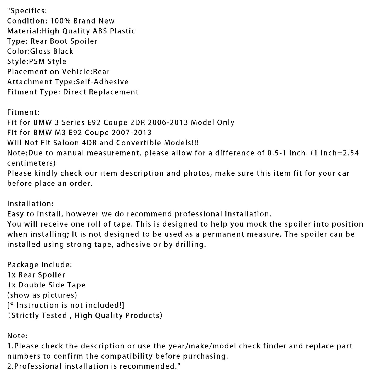 Spoiler posteriore nero lucido per BMW Serie 3 E92 Coupé 2DR solo modello 2006-2013