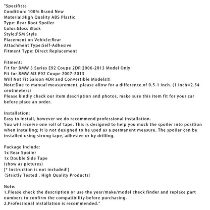Spoiler posteriore nero lucido per BMW Serie 3 E92 Coupé 2DR solo modello 2006-2013