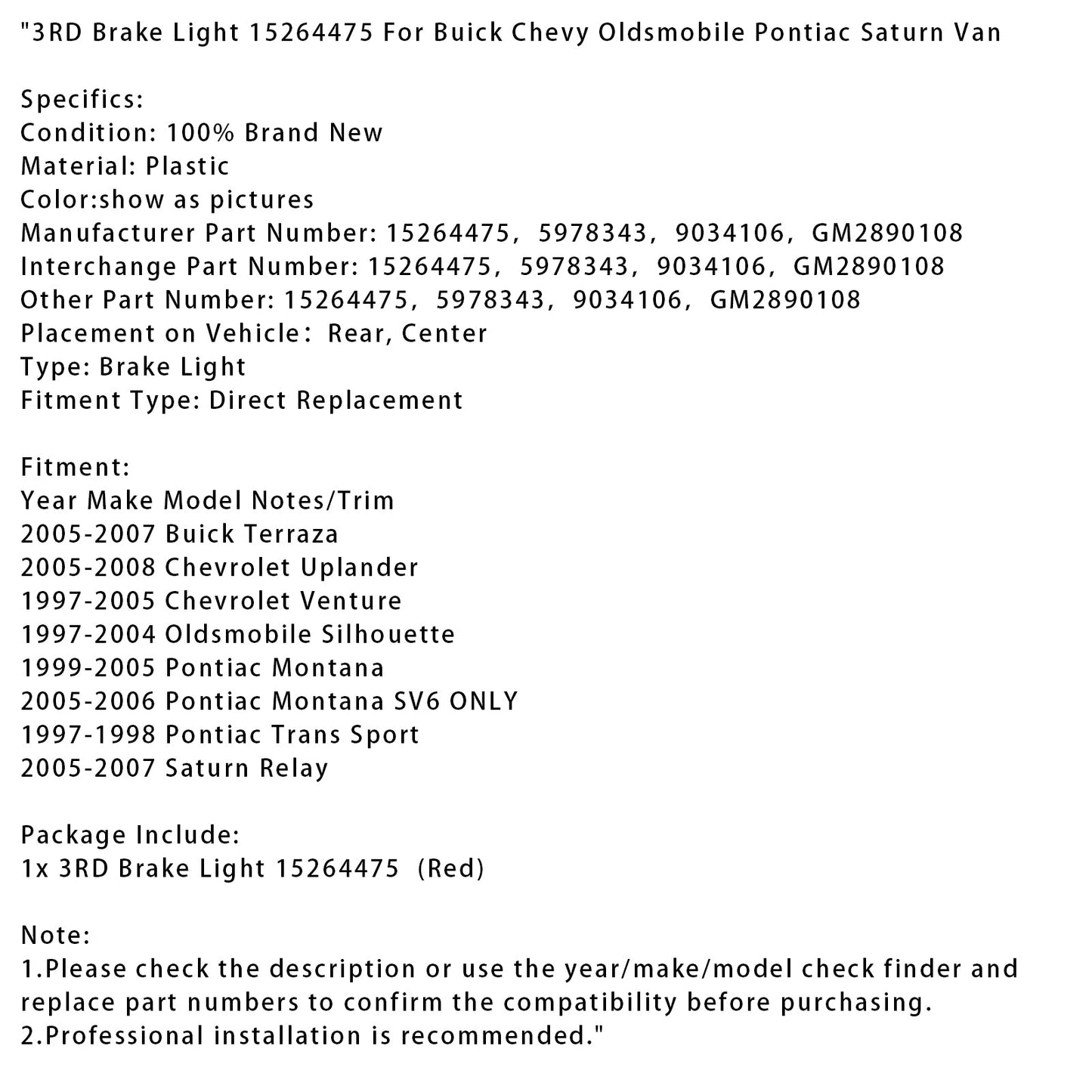 Terza luce freno 15264475 per Buick Chevy Oldsmobile Pontiac Saturn Van