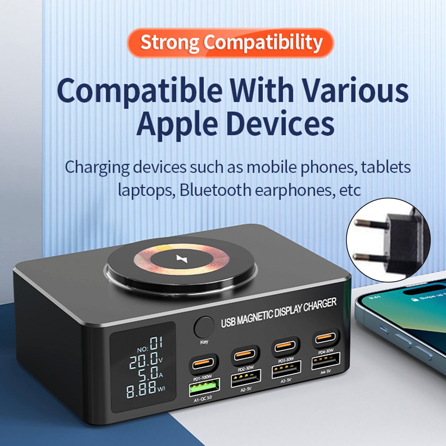 Caricabatterie rapido da 140 W con display digitale intelligente PD100W per telefoni cellulari e notebook, caricabatterie multiporta USB magnetico con ricarica wireless, spina UE