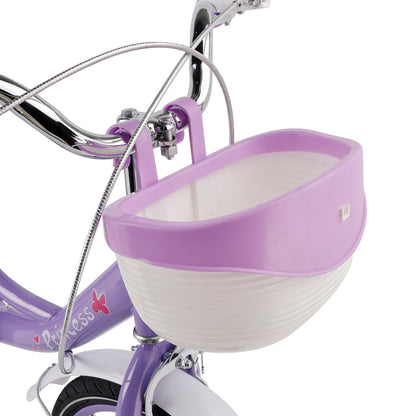 Bicicletta da principessa per bambini da 18" per ragazze, con ruote da allenamento rimovibili, rosa/viola
