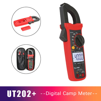 Multimetro portatile UT202+ con selezione automatica della portata, misuratore True RMS a pinza e display LCD.