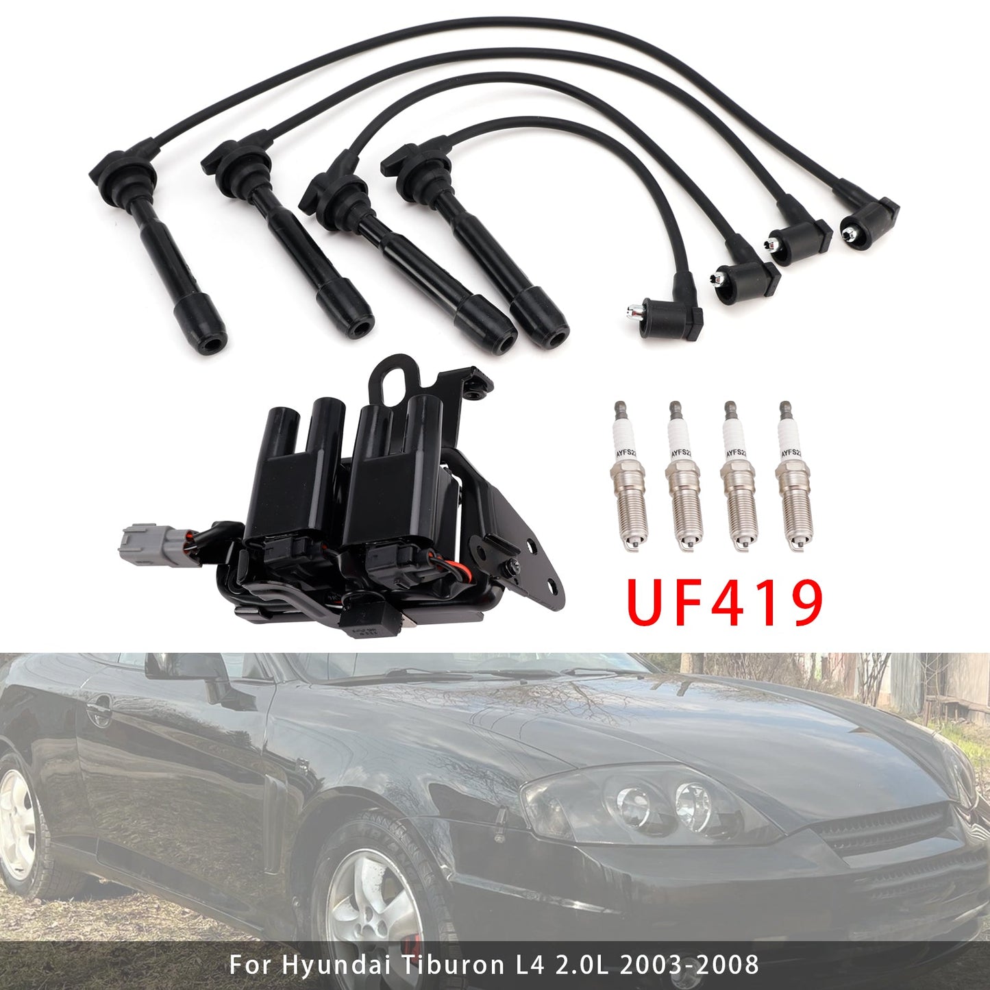 Kit bobina di accensione + 4 candele + cavi per Hyundai Tiburon L4 2.0L (2003-2008) - Codice articolo: 178-8281