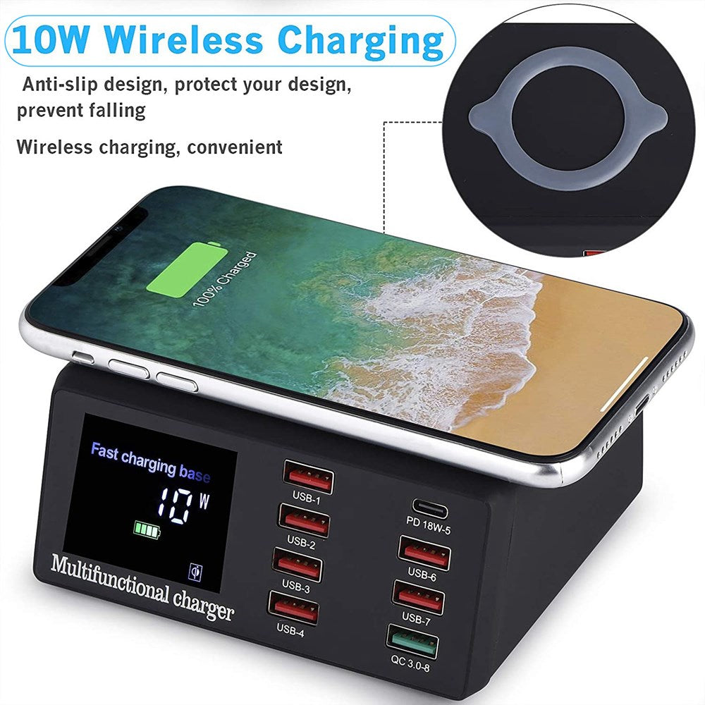 100W 8 Port USB QC3.0 PD Caricatore veloce Wireless Charging Station EU Plug