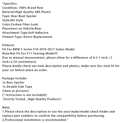 Spoiler posteriore in fibra di carbonio per BMW Serie 5 F10 M4 2010-2016