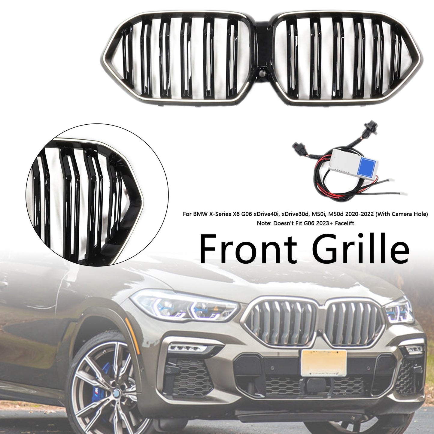 2020-2022 BMW X6 G06 M50i con foro per telecamera, griglia paraurti anteriore nera lucida