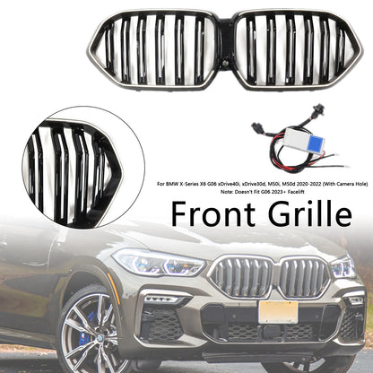 2020-2022 BMW X6 G06 M50i con foro per telecamera, griglia paraurti anteriore nera lucida