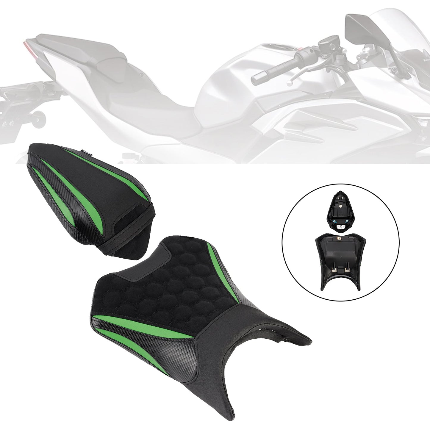 Kit cuscini passeggero anteriore e posteriore Raider per Kawasaki Ninja 500 Z500 2024-2025, colore nero.