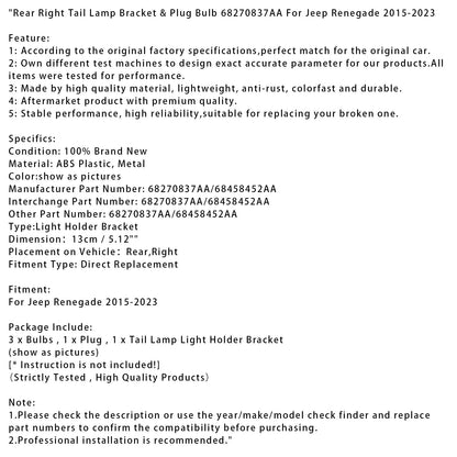 Supporto e lampadina per fanale posteriore destro Jeep Renegade 2015-2023 68270837AA