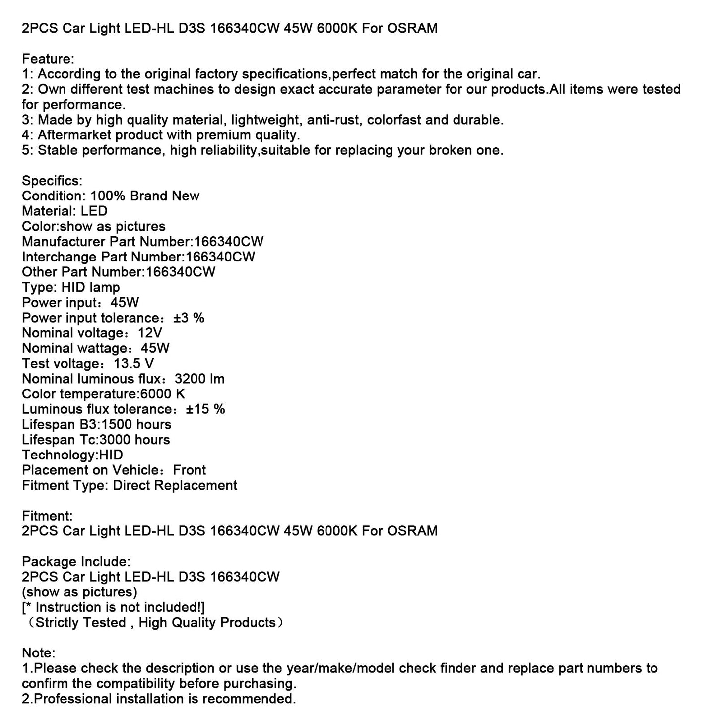 2 pezzi di luci per auto LED-HL D3S 166340CW 45W 6000K per OSRAM