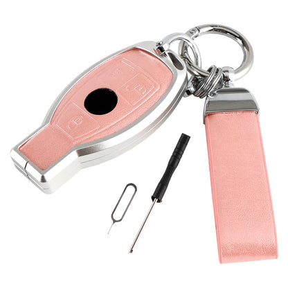 Custodia in pelle, lega, alluminio e TPU rosa per chiave auto Mercedes GLC GLK CLS