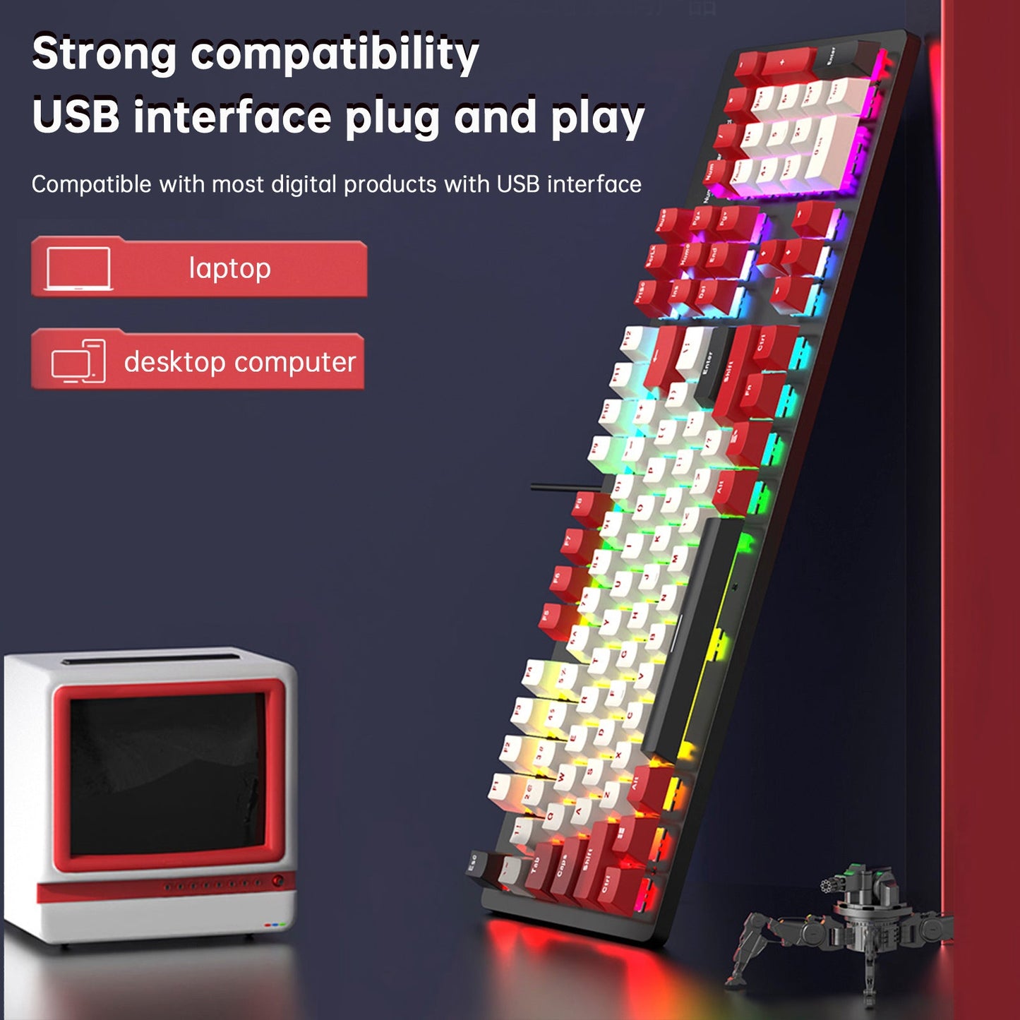 Tastiera da gioco meccanica cablata con interruttore lineare da 104 tasti e luce RGB con interruttore blu